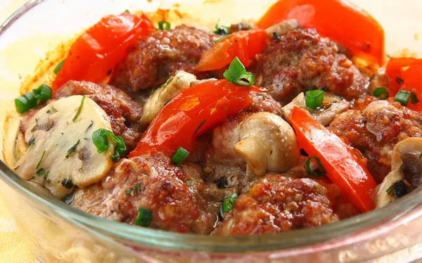 Close up meatballs in a glass pen — Stock Photo, Image