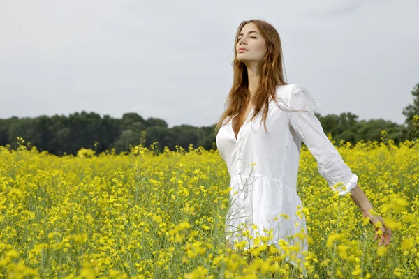 Brünette Frau in einem gelben Blumenfeld — Stockfoto