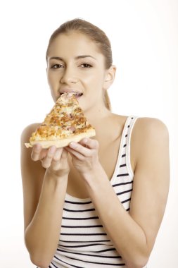 Young beautiful woman eat pizza clipart