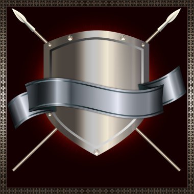 Silver shield with spears and silver ribbon. clipart