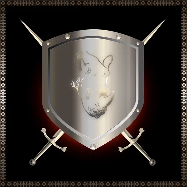 Silver shield with swords. — Stock Photo, Image