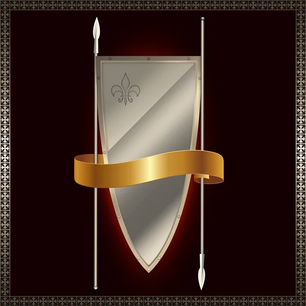 Shield with spears and gold ribbon — Stock Photo, Image