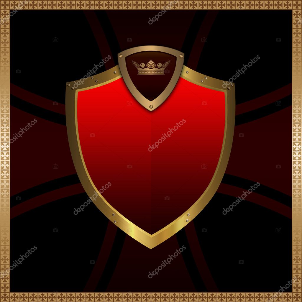 Gold shield on the background of the Maltese Cross and decorative border.