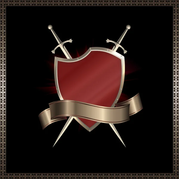 Escudo vermelho com espadas e fita — Fotografia de Stock