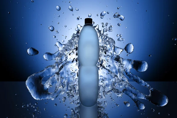 şişe üzerinde mavi arka plan etrafında akan su sıçramalarına