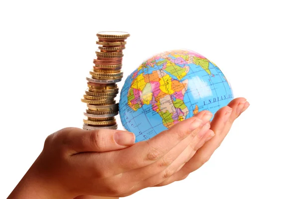 Two young hands offering money over the world — Stock Photo, Image