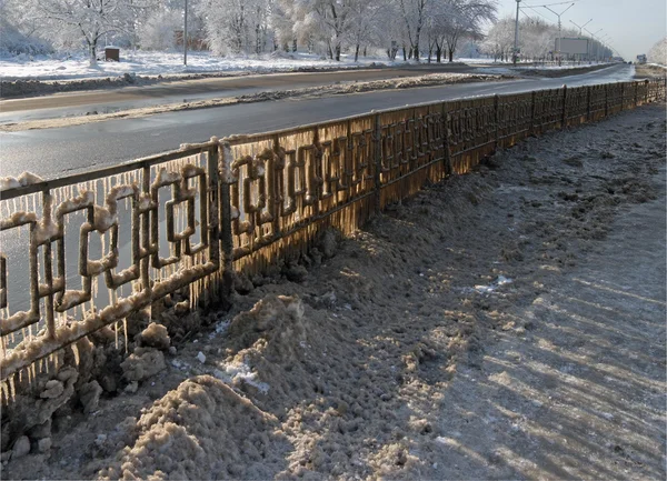 stock image Winter highway guardrail