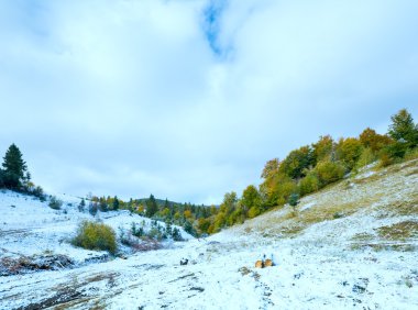 İlk kış kar sonbahar dağ kirli yolu üzerinde