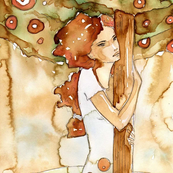 Akvarel ženy lpí na strom, — Stock fotografie