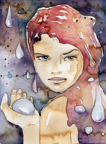 Rain. illustration of a watercolor portrait of a beautiful woman. — Stock Photo, Image