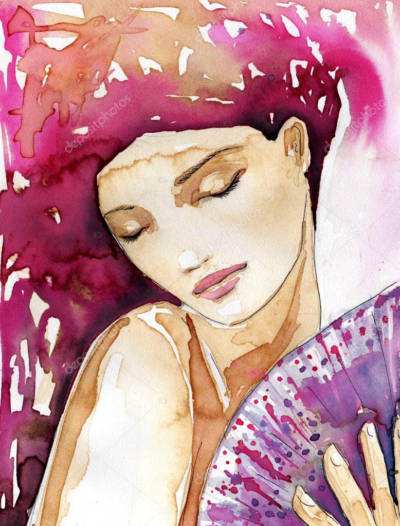 Illustration of a watercolor portrait of a beautiful woman.