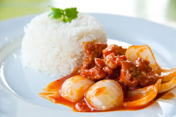 Köstlicher heißer Reis mit gebratenem Schweinefleisch, Zwiebeln, Chili, Gemüse und grünen Kräutern — Stockfoto
