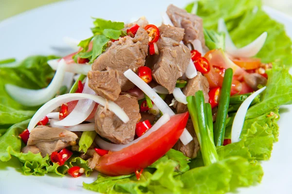 Пряный салат со свининой и зеленой травой в тайском стиле — стоковое фото