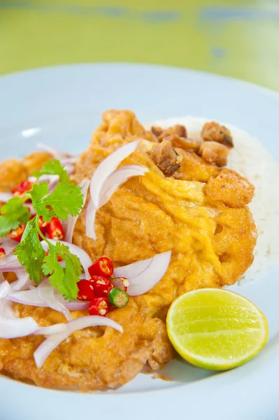 Köstliches traditionelles thailändisches Essen: heißer Reis mit Omelett, Schweinefleisch, grüne — Stockfoto