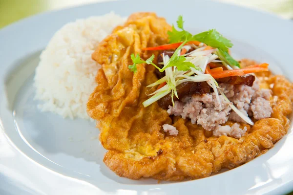 Heerlijke traditionele thailand voedsel: hot rijst met varkensvlees, omelet, groen haar — Stockfoto
