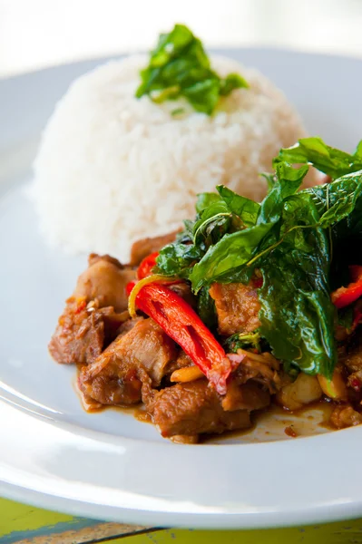 Delicioso arroz caliente con cerdo frito, verduras y hierbas verdes —  Fotos de Stock