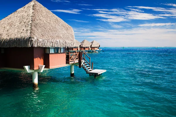 Över vatten bungalow med kliver in i tydliga ocean — Stockfoto