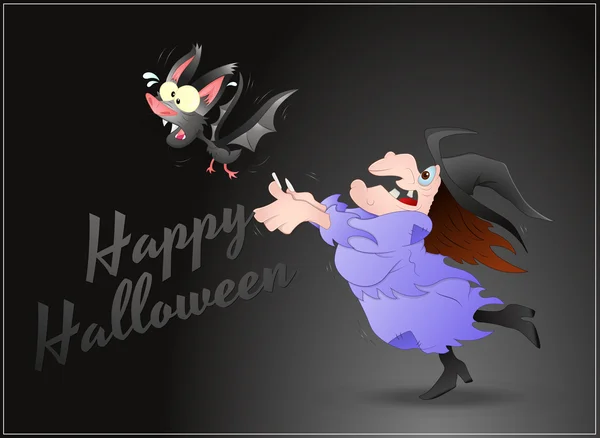 Bruxa e morcego de Halloween — Vetor de Stock