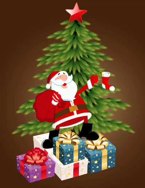 与圣诞老人的礼物的圣诞树 — 图库矢量图片