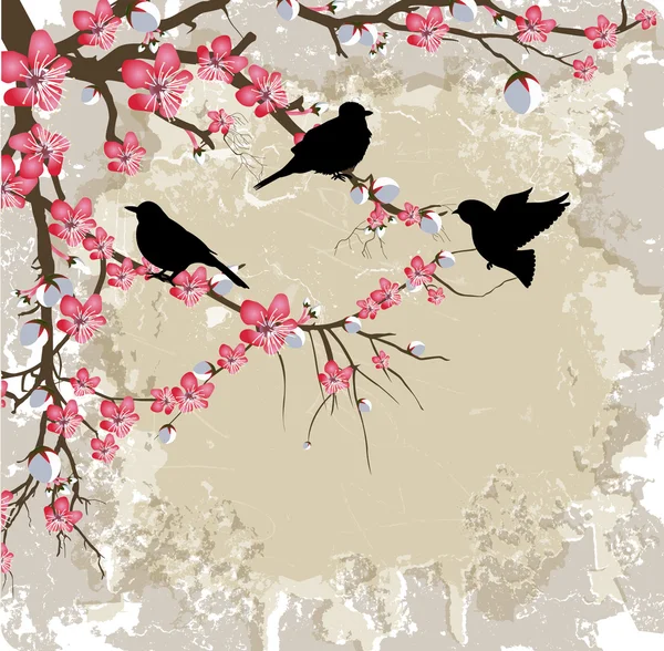 Birds on Spring Flower Branch — Stock Vector