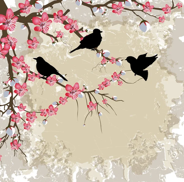 Ramo di fiori primaverili con uccelli — Vettoriale Stock
