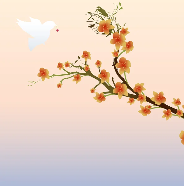 花の枝に白い鳥 — ストックベクタ