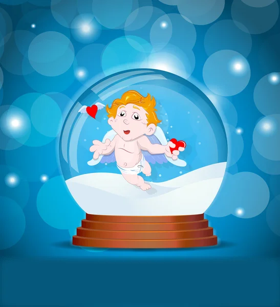 Cupido en globo de nieve — Vector de stock