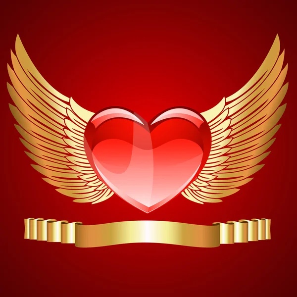 Corazón rojo con alas doradas — Vector de stock