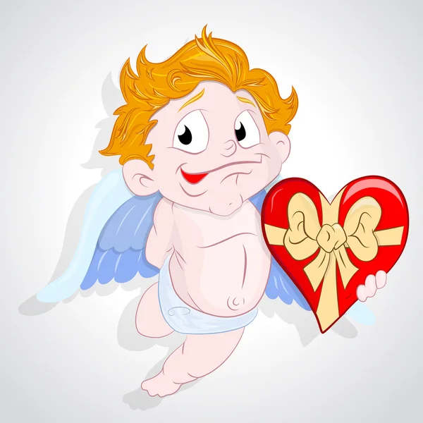Cupido feliz com presente de coração — Vetor de Stock