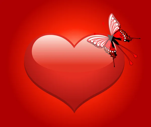 Schmetterling auf rotem Herzen — Stockvektor
