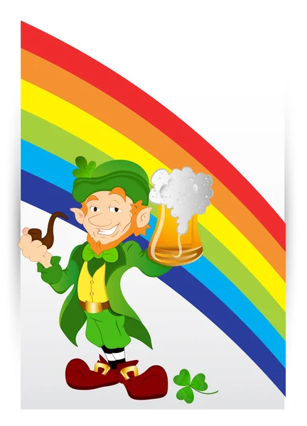 Leprechaun met bier op regenboog achtergrond — Stockvector