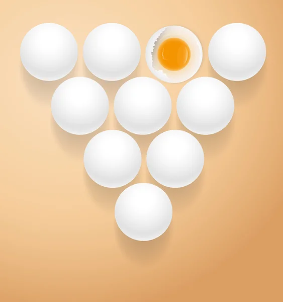 Huevo roto en un montón de huevos — Vector de stock