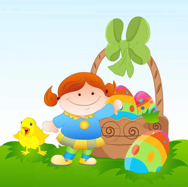 Enfant avec oeufs de Pâques et poussin — Image vectorielle