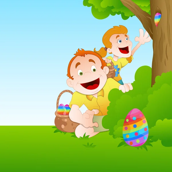 Niños jugando con huevo de Pascua — Vector de stock