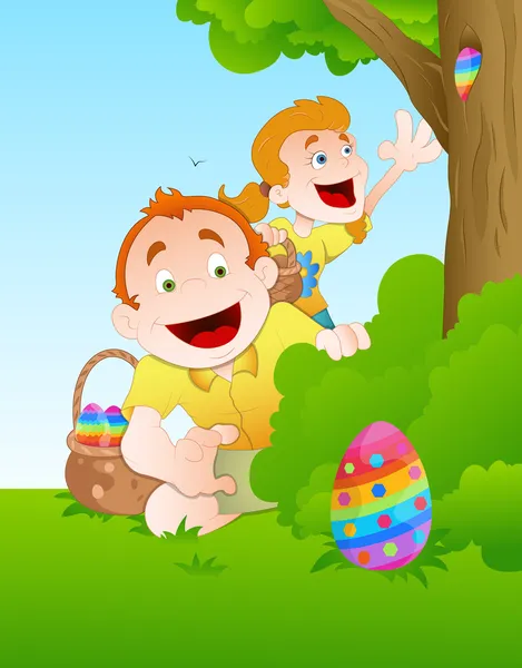 Ilustración de niños jugando con huevo de Pascua — Vector de stock