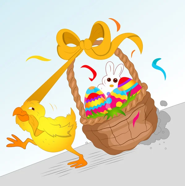 Poulet en marche avec panier de Pâques — Image vectorielle