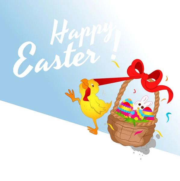 Pollo corriendo con ilustración de cesta de Pascua — Vector de stock