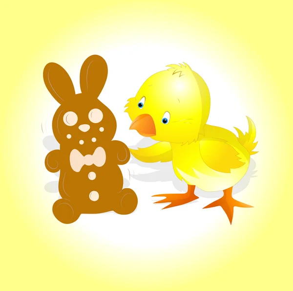 Pollito amarillo con conejito de Pascua — Vector de stock