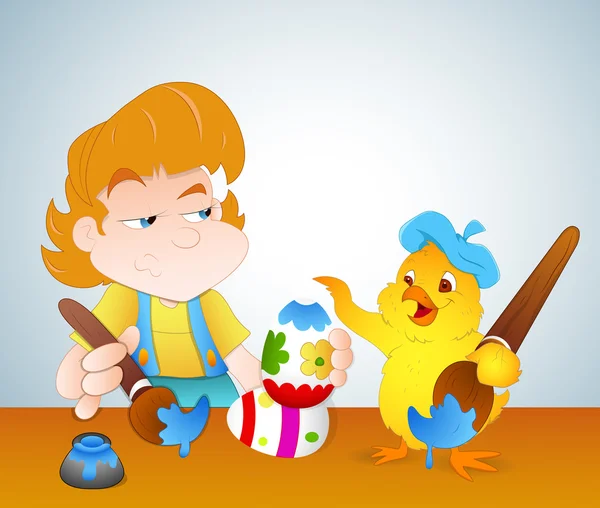 Çocuk ve tavuk yumurta boyama — Stok Vektör