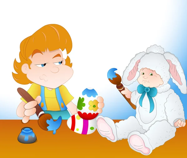 Girl and Cute Kid Painting Easter Eggs — Stock Vector