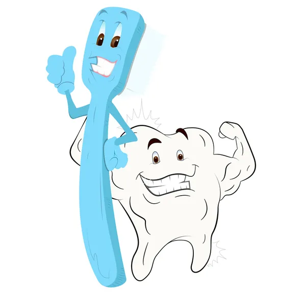 Cepillo de dientes de dibujos animados y diente sano — Vector de stock