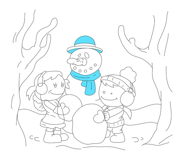 Kunst van cartoon kinderen met sneeuwpop — Stockvector