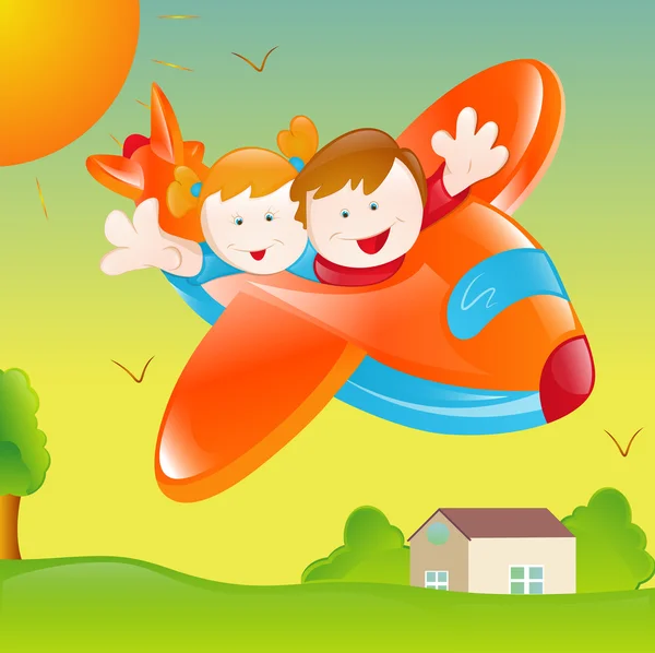 Счастливые дети в самолете — стоковый вектор