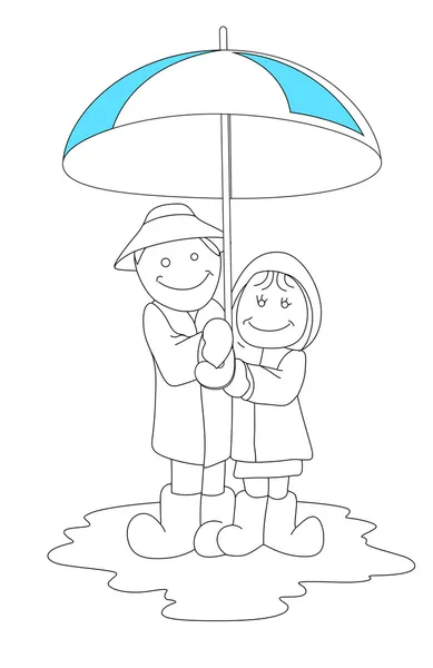 Cuplu de desene animate în ploaie — Vector de stoc