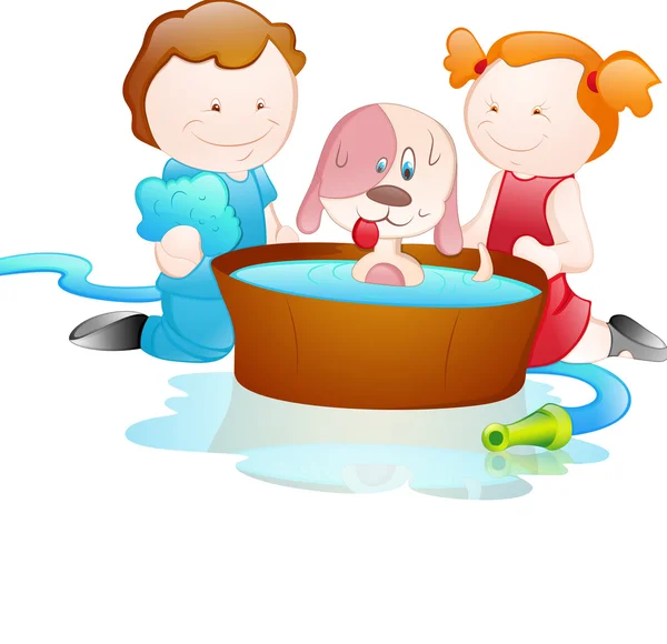 Dzieci kreskówka kąpiel psa — Wektor stockowy