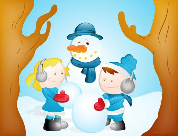 Niños jugando con muñeco de nieve — Vector de stock