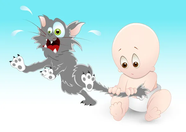 애완 동물 고양이와 버 릇 없는 아기 — 스톡 벡터