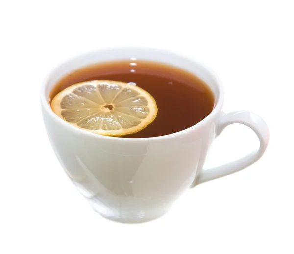 stock image White cup of tea with lemon, isolated on white