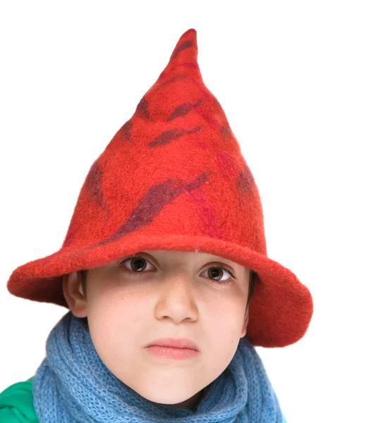 Pixie - cuty little boy in felted hat and blue scarf; — Stock Photo, Image