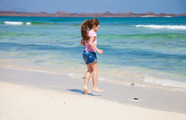 분홍색 t-셔츠에 포니 테일에서 긴 갈색 머리를 가진 어린 소녀와 — 스톡 사진
